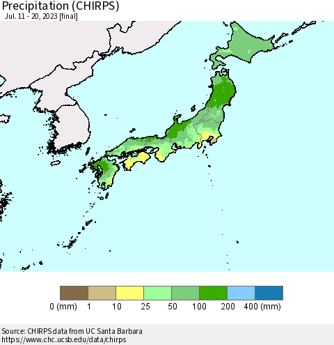 Japan Precipitation (CHIRPS) Thematic Map For 7/11/2023 - 7/20/2023