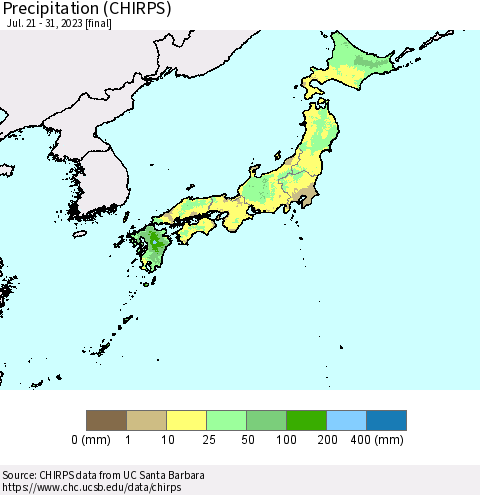 Japan Precipitation (CHIRPS) Thematic Map For 7/21/2023 - 7/31/2023