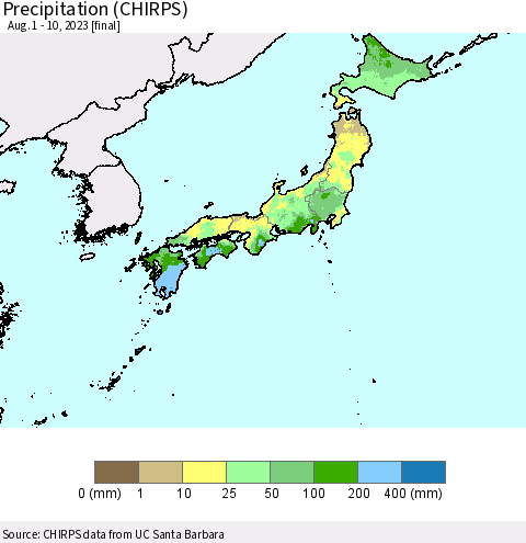 Japan Precipitation (CHIRPS) Thematic Map For 8/1/2023 - 8/10/2023