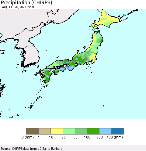 Japan Precipitation (CHIRPS) Thematic Map For 8/11/2023 - 8/20/2023