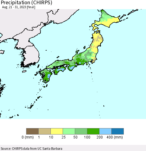 Japan Precipitation (CHIRPS) Thematic Map For 8/21/2023 - 8/31/2023