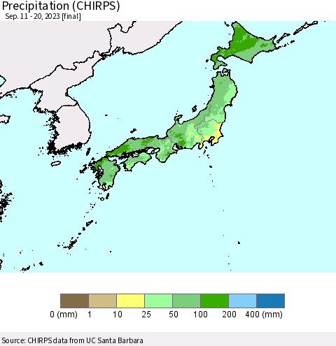 Japan Precipitation (CHIRPS) Thematic Map For 9/11/2023 - 9/20/2023