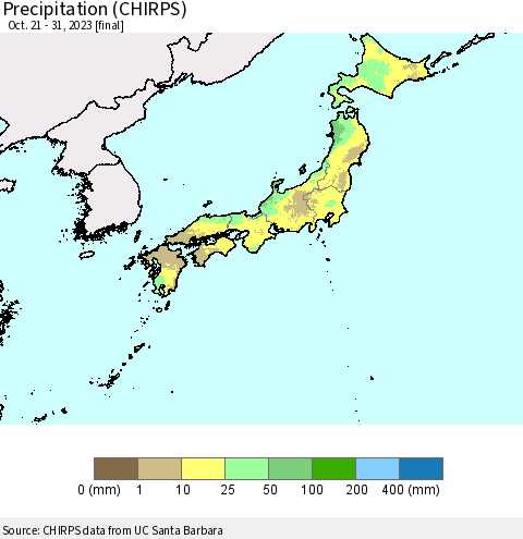 Japan Precipitation (CHIRPS) Thematic Map For 10/21/2023 - 10/31/2023