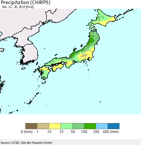 Japan Precipitation (CHIRPS) Thematic Map For 12/11/2023 - 12/20/2023