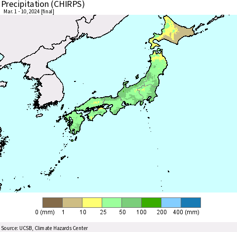 Japan Precipitation (CHIRPS) Thematic Map For 3/1/2024 - 3/10/2024