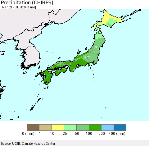 Japan Precipitation (CHIRPS) Thematic Map For 3/21/2024 - 3/31/2024