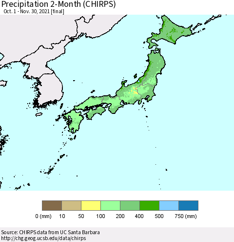 Japan Precipitation 2-Month (CHIRPS) Thematic Map For 10/1/2021 - 11/30/2021