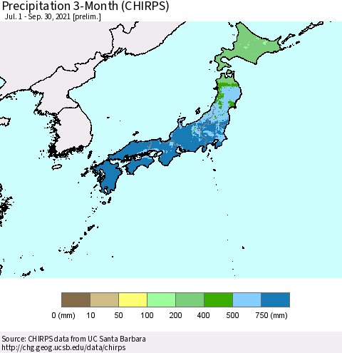 Japan Precipitation 3-Month (CHIRPS) Thematic Map For 7/1/2021 - 9/30/2021
