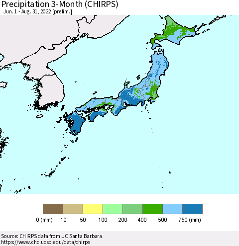 Japan Precipitation 3-Month (CHIRPS) Thematic Map For 6/1/2022 - 8/31/2022