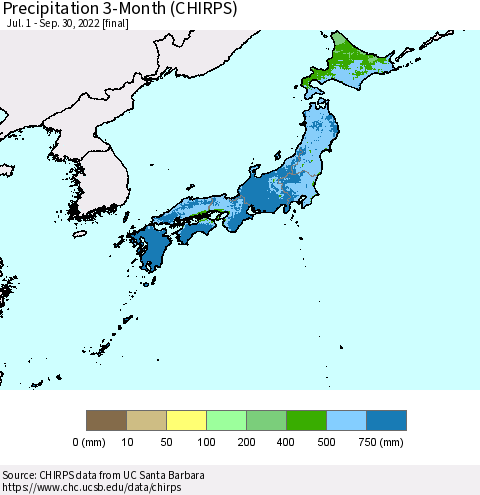 Japan Precipitation 3-Month (CHIRPS) Thematic Map For 7/1/2022 - 9/30/2022