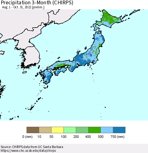 Japan Precipitation 3-Month (CHIRPS) Thematic Map For 8/1/2022 - 10/31/2022