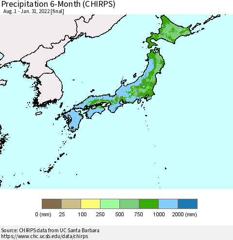 Japan Precipitation 6-Month (CHIRPS) Thematic Map For 8/1/2021 - 1/31/2022