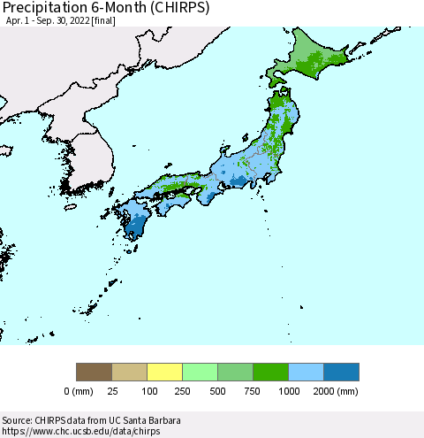 Japan Precipitation 6-Month (CHIRPS) Thematic Map For 4/1/2022 - 9/30/2022