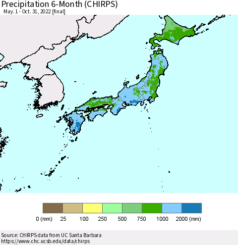 Japan Precipitation 6-Month (CHIRPS) Thematic Map For 5/1/2022 - 10/31/2022
