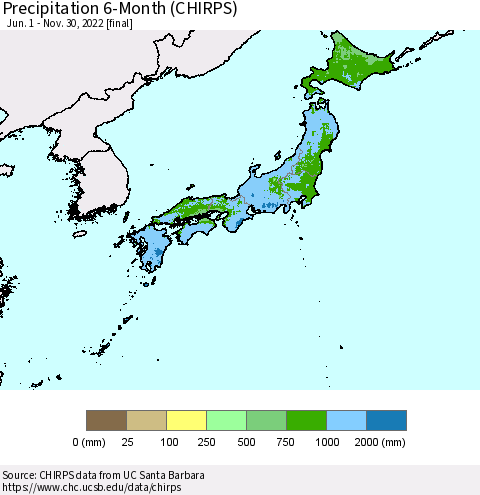 Japan Precipitation 6-Month (CHIRPS) Thematic Map For 6/1/2022 - 11/30/2022