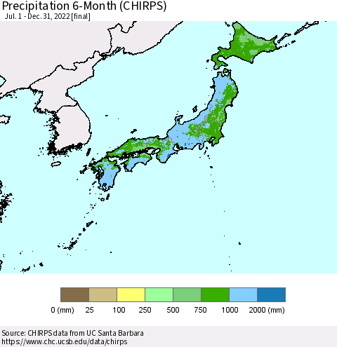 Japan Precipitation 6-Month (CHIRPS) Thematic Map For 7/1/2022 - 12/31/2022