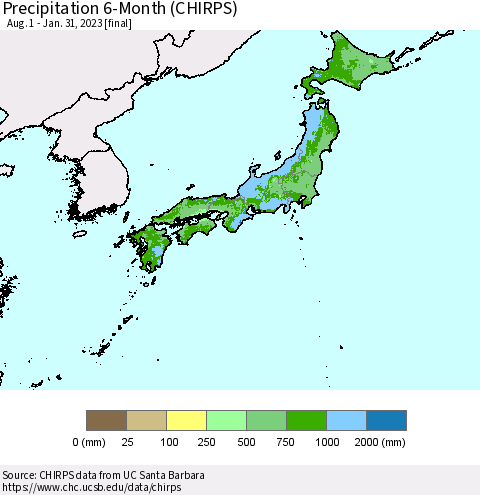 Japan Precipitation 6-Month (CHIRPS) Thematic Map For 8/1/2022 - 1/31/2023