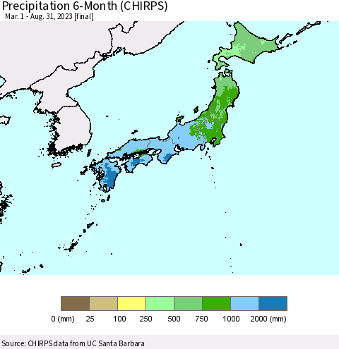Japan Precipitation 6-Month (CHIRPS) Thematic Map For 3/1/2023 - 8/31/2023