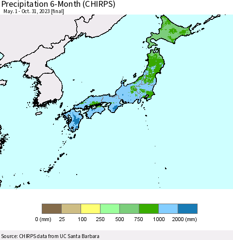 Japan Precipitation 6-Month (CHIRPS) Thematic Map For 5/1/2023 - 10/31/2023