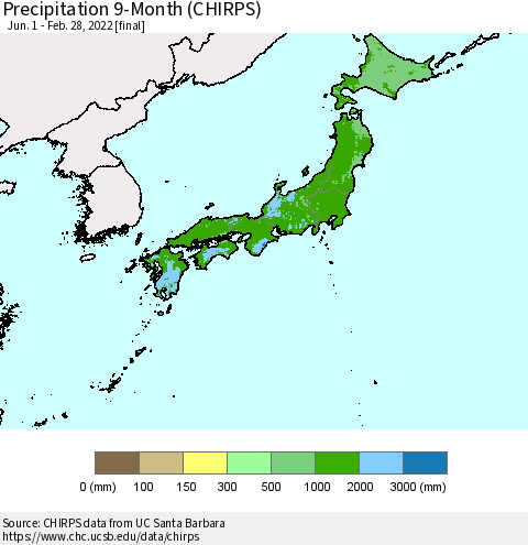 Japan Precipitation 9-Month (CHIRPS) Thematic Map For 6/1/2021 - 2/28/2022