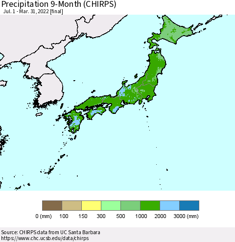 Japan Precipitation 9-Month (CHIRPS) Thematic Map For 7/1/2021 - 3/31/2022
