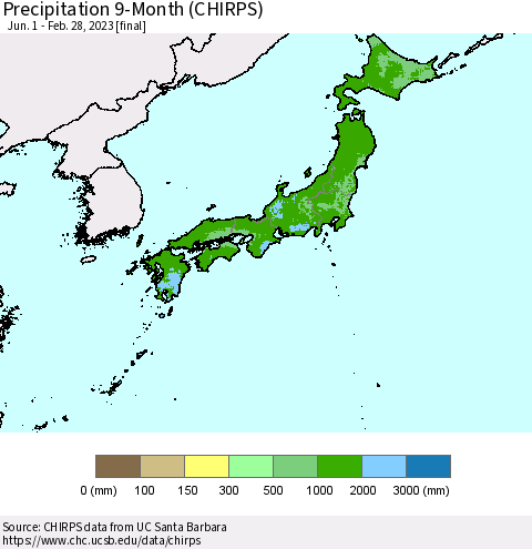 Japan Precipitation 9-Month (CHIRPS) Thematic Map For 6/1/2022 - 2/28/2023