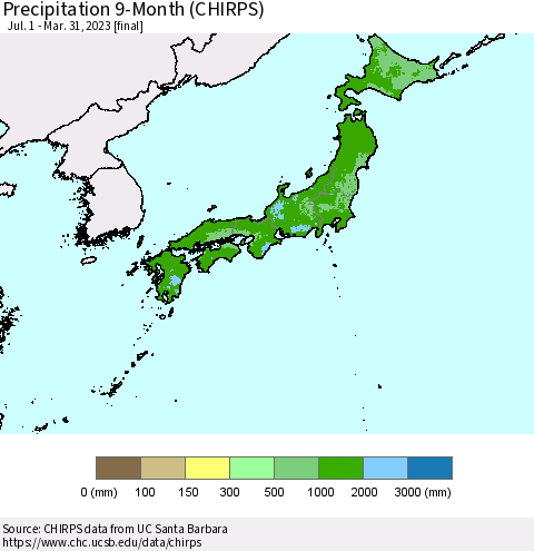 Japan Precipitation 9-Month (CHIRPS) Thematic Map For 7/1/2022 - 3/31/2023