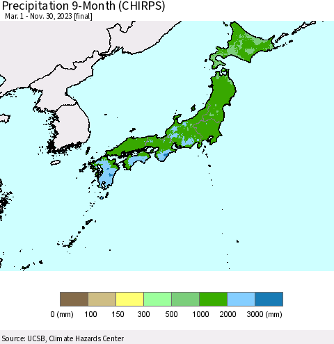 Japan Precipitation 9-Month (CHIRPS) Thematic Map For 3/1/2023 - 11/30/2023