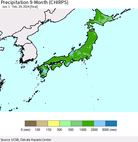 Japan Precipitation 9-Month (CHIRPS) Thematic Map For 6/1/2023 - 2/29/2024