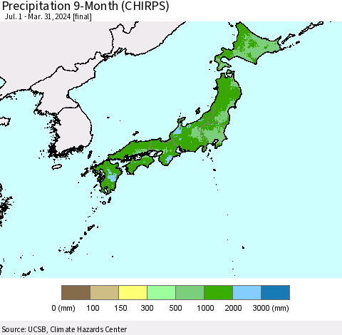 Japan Precipitation 9-Month (CHIRPS) Thematic Map For 7/1/2023 - 3/31/2024