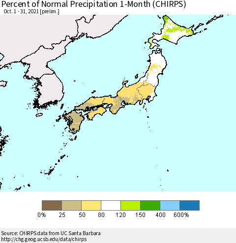 Japan Percent of Normal Precipitation 1-Month (CHIRPS) Thematic Map For 10/1/2021 - 10/31/2021