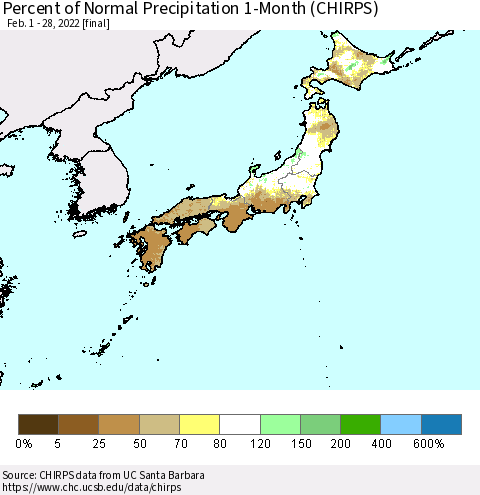 Japan Percent of Normal Precipitation 1-Month (CHIRPS) Thematic Map For 2/1/2022 - 2/28/2022