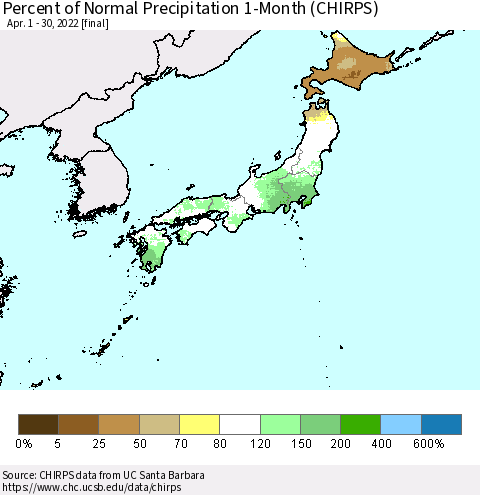 Japan Percent of Normal Precipitation 1-Month (CHIRPS) Thematic Map For 4/1/2022 - 4/30/2022