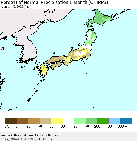 Japan Percent of Normal Precipitation 1-Month (CHIRPS) Thematic Map For 6/1/2022 - 6/30/2022