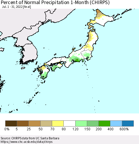 Japan Percent of Normal Precipitation 1-Month (CHIRPS) Thematic Map For 7/1/2022 - 7/31/2022