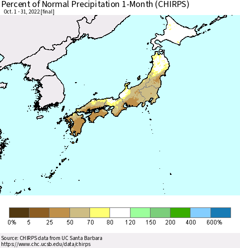 Japan Percent of Normal Precipitation 1-Month (CHIRPS) Thematic Map For 10/1/2022 - 10/31/2022