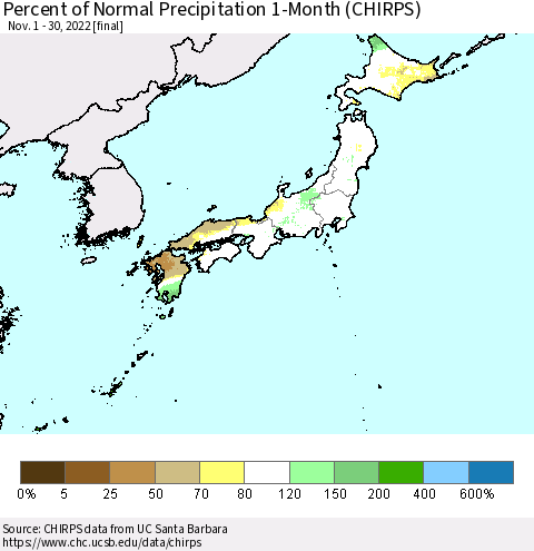 Japan Percent of Normal Precipitation 1-Month (CHIRPS) Thematic Map For 11/1/2022 - 11/30/2022