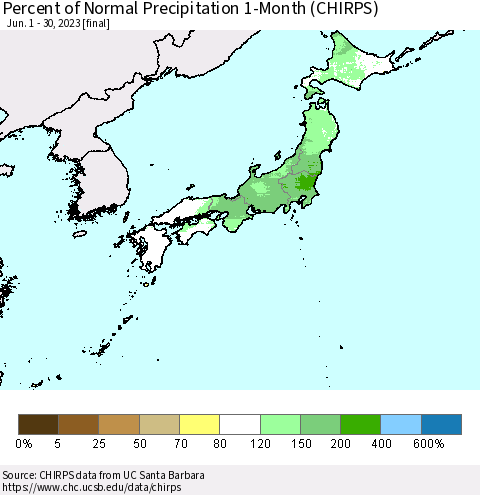 Japan Percent of Normal Precipitation 1-Month (CHIRPS) Thematic Map For 6/1/2023 - 6/30/2023