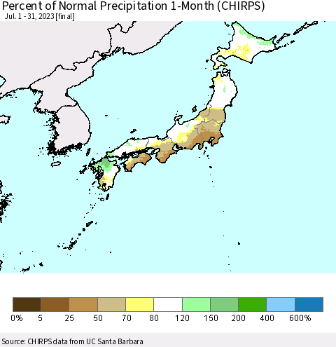 Japan Percent of Normal Precipitation 1-Month (CHIRPS) Thematic Map For 7/1/2023 - 7/31/2023