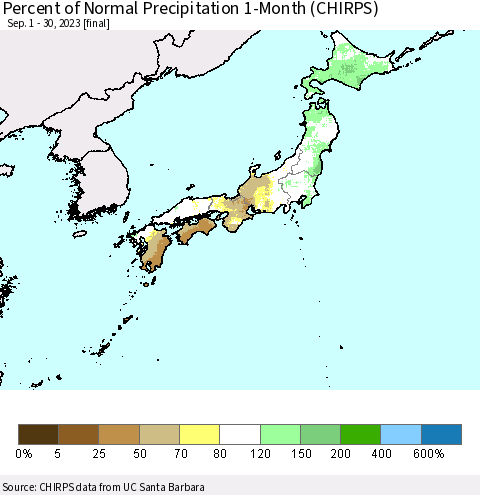 Japan Percent of Normal Precipitation 1-Month (CHIRPS) Thematic Map For 9/1/2023 - 9/30/2023