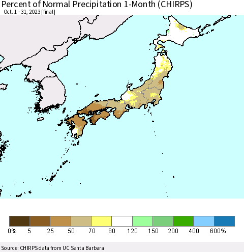 Japan Percent of Normal Precipitation 1-Month (CHIRPS) Thematic Map For 10/1/2023 - 10/31/2023