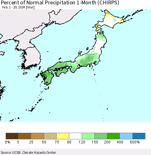 Japan Percent of Normal Precipitation 1-Month (CHIRPS) Thematic Map For 2/1/2024 - 2/29/2024