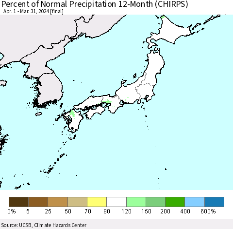 Japan Percent of Normal Precipitation 12-Month (CHIRPS) Thematic Map For 4/1/2023 - 3/31/2024