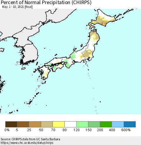 Japan Percent of Normal Precipitation (CHIRPS) Thematic Map For 5/1/2021 - 5/10/2021