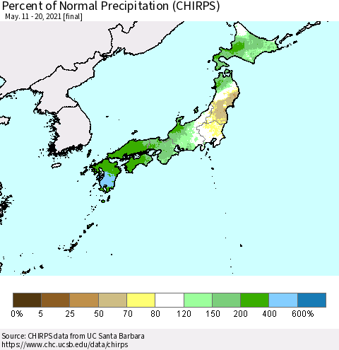 Japan Percent of Normal Precipitation (CHIRPS) Thematic Map For 5/11/2021 - 5/20/2021