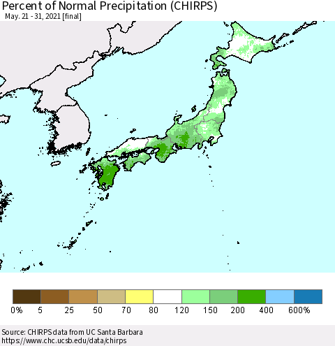 Japan Percent of Normal Precipitation (CHIRPS) Thematic Map For 5/21/2021 - 5/31/2021