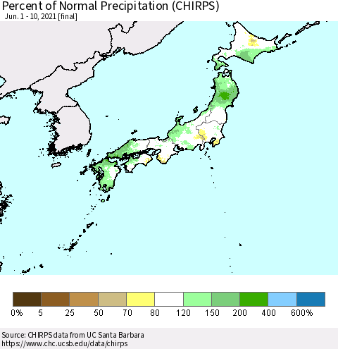 Japan Percent of Normal Precipitation (CHIRPS) Thematic Map For 6/1/2021 - 6/10/2021