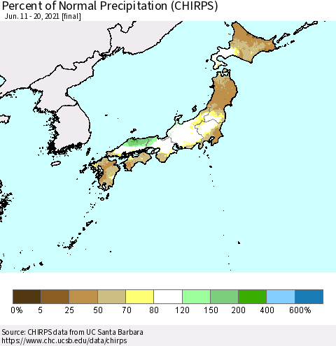 Japan Percent of Normal Precipitation (CHIRPS) Thematic Map For 6/11/2021 - 6/20/2021