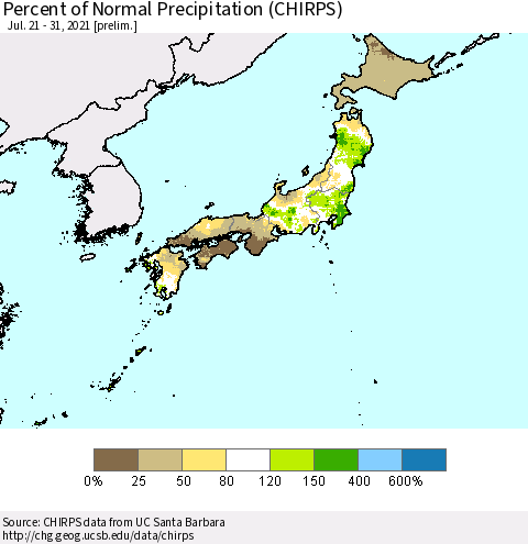 Japan Percent of Normal Precipitation (CHIRPS) Thematic Map For 7/21/2021 - 7/31/2021