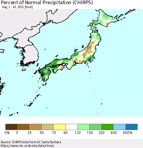 Japan Percent of Normal Precipitation (CHIRPS) Thematic Map For 8/1/2021 - 8/10/2021